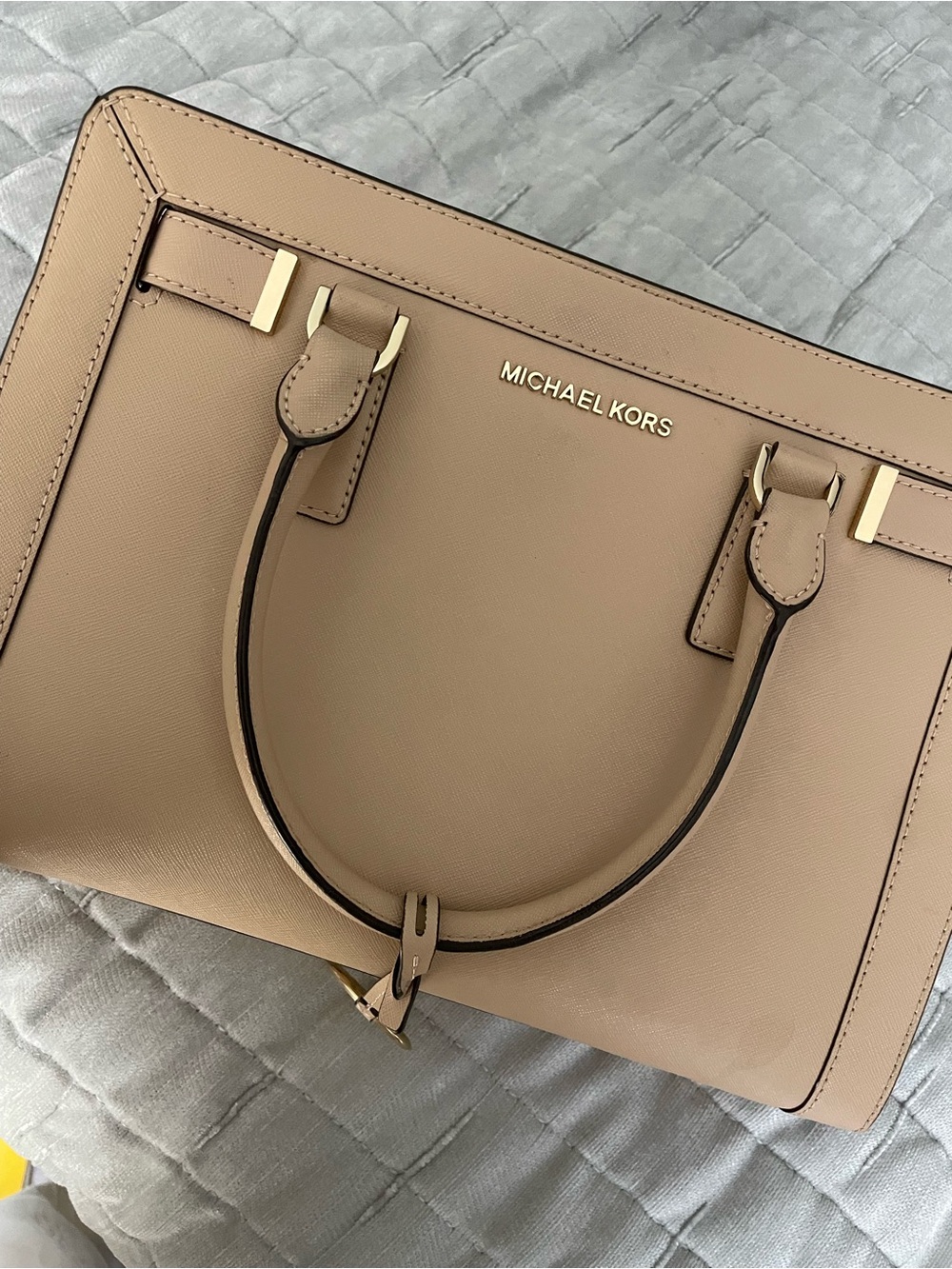 MICHAEL KORS Taupe Saffiano Leather Satchel with Gold Hardware